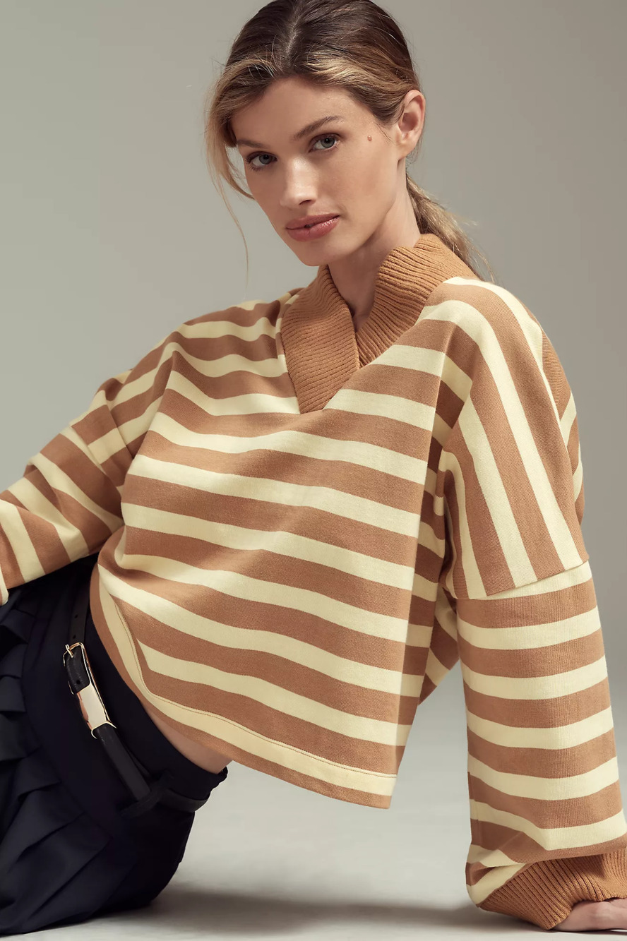 Anthropologie Maeve Striped Boxy Oversized V-Neck Crop Top Yellow Camel Small